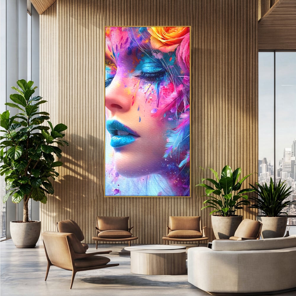 Tablou canvas cu tablou canvas cu fata artistica si flori, in rama de aluminiu auriu, pe perete intr-un birou